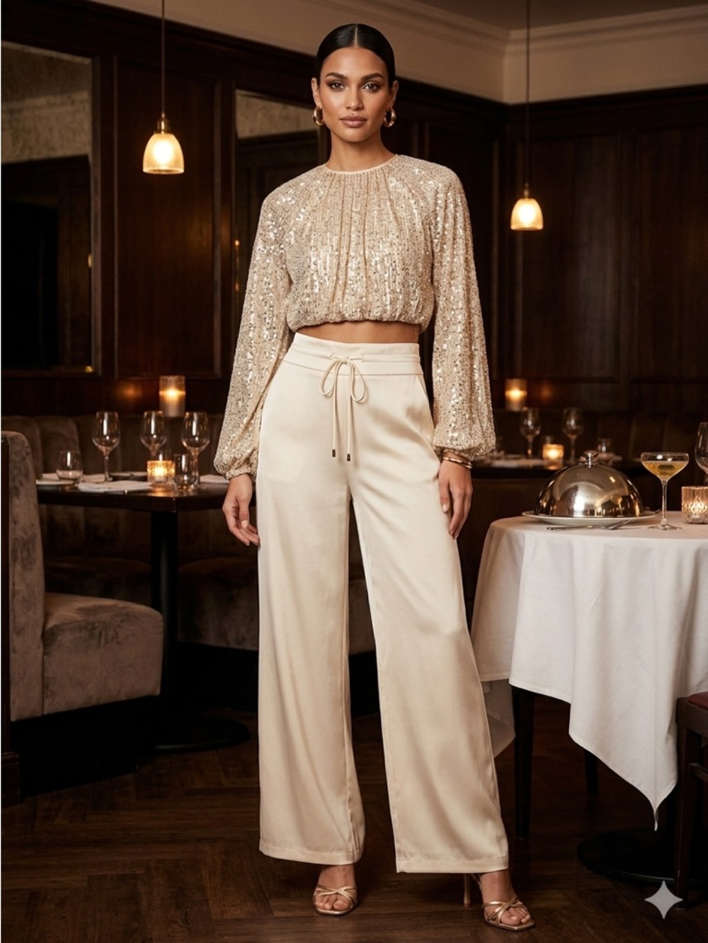 NWOT H&M Satin Wide-Leg Drawstring Trousers - Ecru Cream - XS